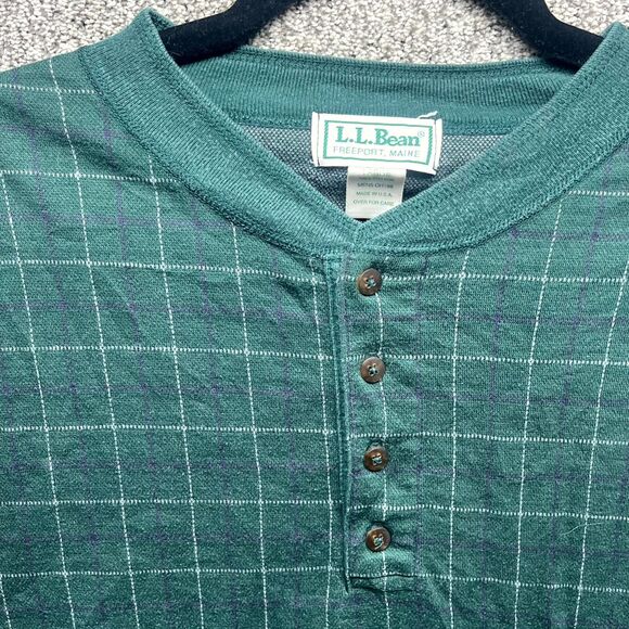 L.L. Bean Freeport Maine Waffle Shirt Mens Large Green Plaid Cotton Henley Neck - Picture 2 of 10